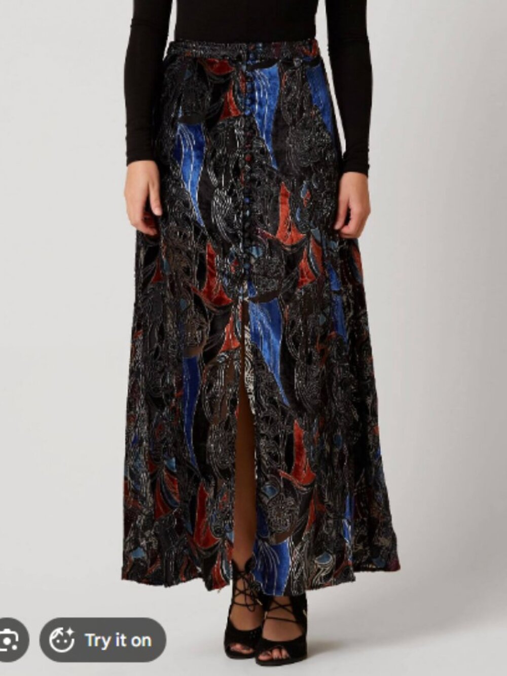 Free People Black Maxi Skirt with Blue and Red Abstract Print
